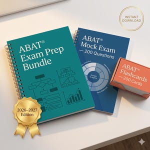 Könnte beinhalten: Ein Bild eines ABAT Exam Prep Bundles, einer Mock Exam und Karteikarten. Das Bundle ist türkis mit dem Text "ABAT Exam Prep Bundle" und "2026-2027 Edition". Die Mock Exam ist blau mit "ABAT Mock Exam - 200 Questions". Die Karteikarten sind orange mit "ABAT Flashcards - 200 Cards".