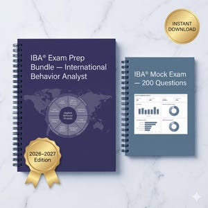 May include: Two spiral-bound notebooks. The larger, dark blue notebook reads "IBA Exam Prep Bundle - International Behavior Analyst" with a world map graphic. A gold seal reads "2026-2027 Edition." The smaller, blue notebook reads "IBA Mock Exam - 200 Questions."