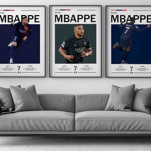 Conjunto de 3 pôsteres de Kylian Mbappe, impressão de futebol da França Mbappe, pôster esportivo, pôster de futebol, arte de parede de futebol, presente de decoração de quarto esportivo