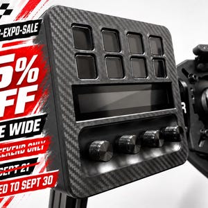 May include: A black carbon fiber sim racing button box featuring eight rectangular push buttons, a central horizontal display screen, and four circular rotary knobs. Text on the left reads SIM-RACING-EXPO-SALE 15% OFF STORE WIDE THIS WEEKEND ONLY ENDS SEPT 21 EXTENDED TO SEPT 30.