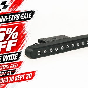 May include: A black rectangular sim racing LED indicator bar featuring a row of ten circular lights with cross-patterned lenses. The image includes red and black graphic text stating SIM-RACING-EXPO-SALE, 15% OFF, STORE WIDE, THIS WEEKEND ONLY, ENDS SEPT 21, and EXTENDED TO SEPT 30.