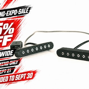 May include: Two black rectangular sim racing LED indicator strips with carbon fiber texture and eight circular light segments each. The image includes red and white promotional text reading SIM-RACING-EXPO-SALE 15% OFF STORE WIDE THIS WEEKEND ONLY ENDS SEPT 21 EXTENDED TO SEPT 30.
