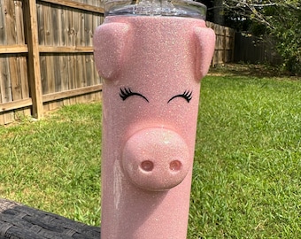 Handmade 3D Pink Pig Skinny Tumbler - Farm Animal Stainless Steel Cup with Lid and Straw - Customizable Gift