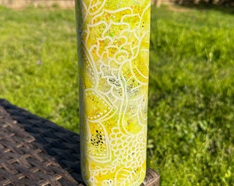 Yellow Glitter Floral Skinny Tumbler | Hand Painted Spring Flowers | Gift for Teachers & Garden Lovers