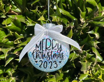 Sparkling Personalized Christmas Ornament - Merry Christmas 2023 with Bow - Handmade Glitter Ornament for a Festive Touch!