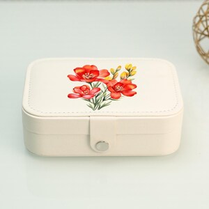 Red Freesia Flower Rectangle Leather Jewelry Sorage Boxes, Decorative Keepsake Gift For Women,Freesia Flower Pattern Jewelry Container Boxes