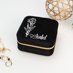 Aangepaste zwart fluwelen kleine sieradendoos, gepersonaliseerde geboortebloem cadeau sieradendoosje, bruiloft sieraden cadeau, cadeau-ideeën bruidsmeisje, verjaardagscadeau