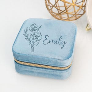 Personalisierte Name Birthflower Square Samt Schmuckschatulle, benutzerdefinierte Birthflower Name Square Samt Aufbewahrungsbox, Geburtsmonat Schmuck Geschenkbox