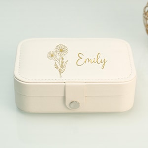 Portagioie personalizzato in pelle rettangolare con nome del mese di nascita, portagioie in pelle con nome del fiore di nascita personalizzato, custodia regalo per gioielli da viaggio personalizzata