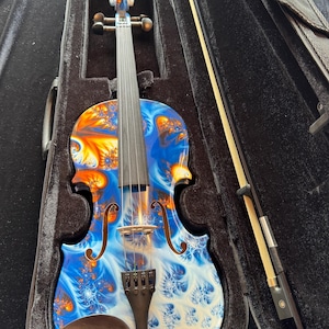 Beautiful NEW  VIOLIN with blue design, includes case and bow
