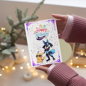 Cartão de aniversário Pikachu x Lucario (cartão de felicitações estilo anime)