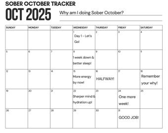 NYKTER OKTOBER 2025 / Väggkalender för att följa dina framsteg