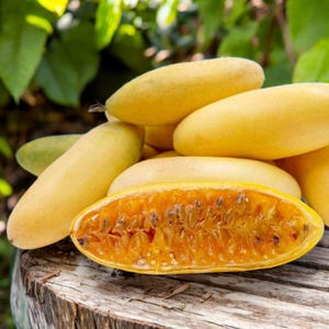 Puede incluir: Primer plano de varias maracuyás amarillas, una de ellas cortada para revelar la pulpa naranja y las semillas. La fruta está sobre una superficie de madera, con follaje verde en el fondo.