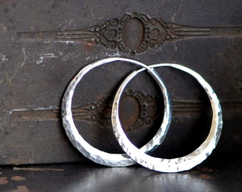 silver  hoop earrings, hammered endless hoops medium size