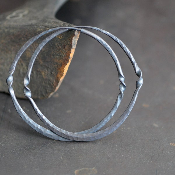 dark sterling silver hoop earrings with twist detail,  endless style hoops 2 inch, made in your choice of texture and finish, eco friendly