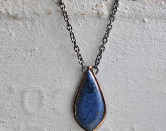 Stone pendant in 14k gold and sterling silver, Designer Cabochon Dumortierite, Blue necklace, one of a kind, made by hand