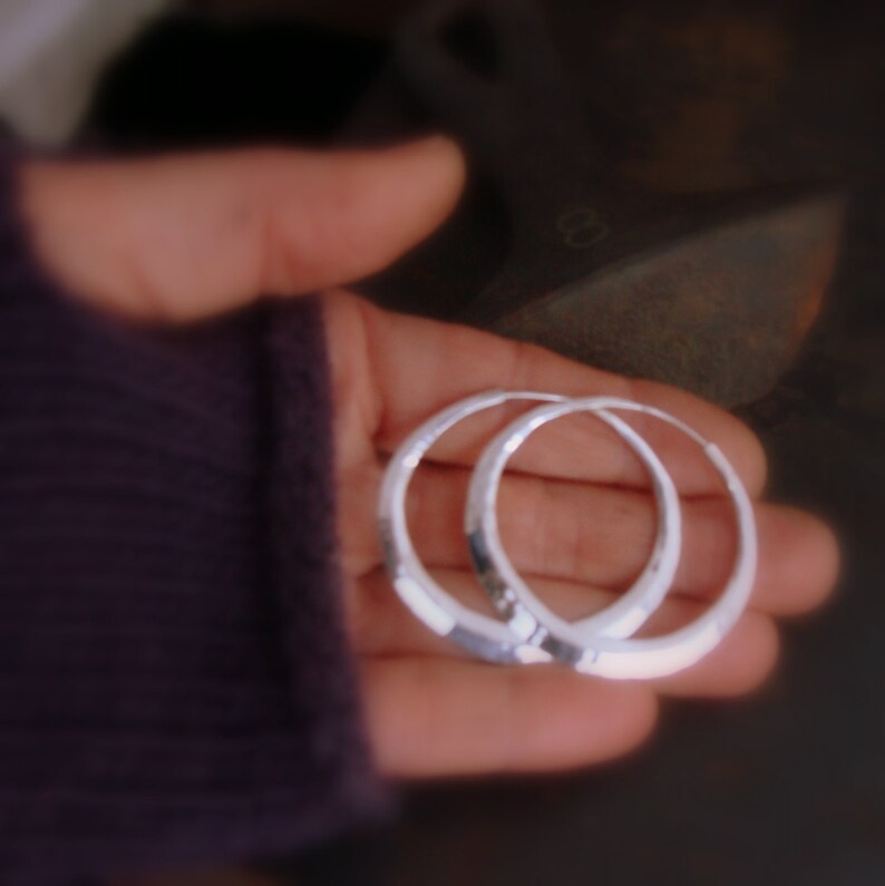 sterling silver oval hoop earring planishing smooth hand wrought earring wide hoop earring crescent moon loop eco friendly