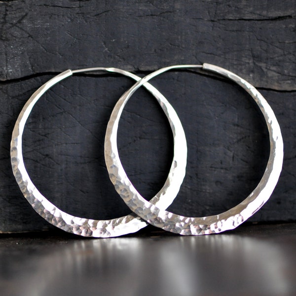 2 inch hammered sterling silver hoop earring, medium wide handcrafted crescent moon hoop, ball pein texture or your choice, eco friendly