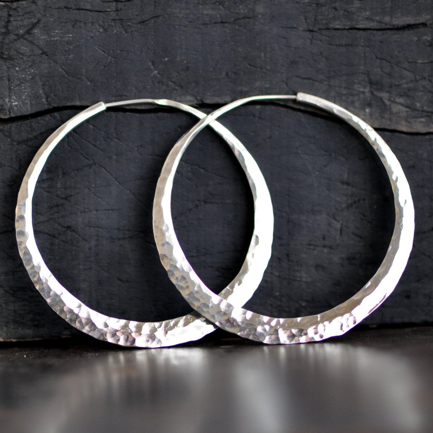 2 Inch Hammered Sterling Silver Hoop Earring, Medium Wide