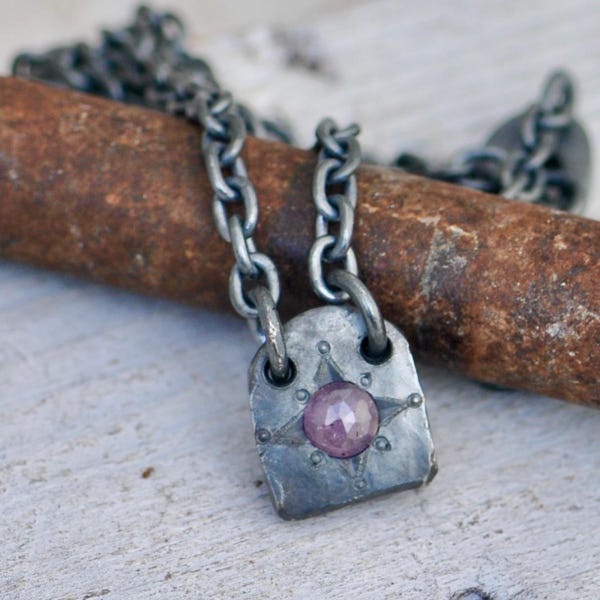 Silver rose cut purple sapphire necklace, star setting, dark star pendant, handmade