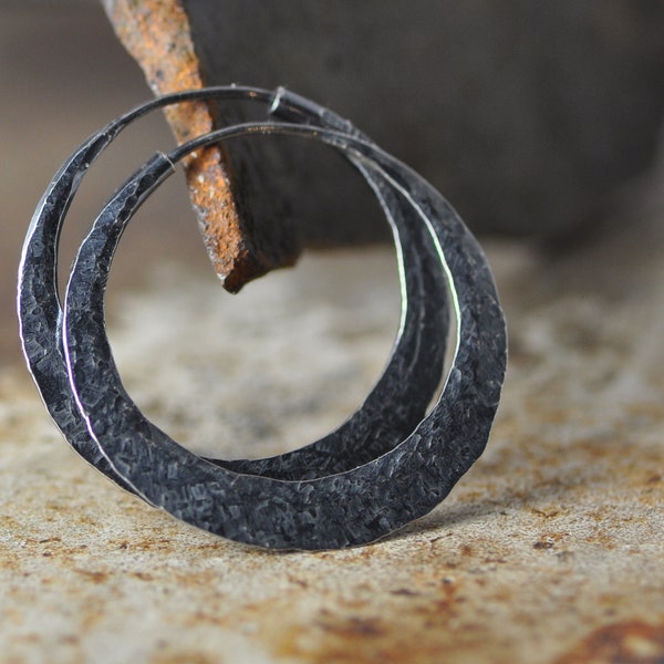 dark patina silver hoop earrings with raw silk hammer texture, round hoops endless style, small, medium, and  large sizes