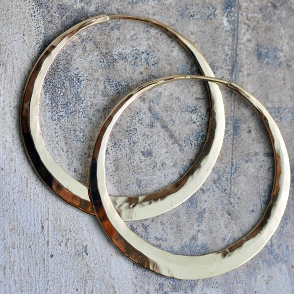 14k gold hoops, wide yellow gold hoop earrings, mirror finish, smooth texture, hammered, forged, medium and large sizes