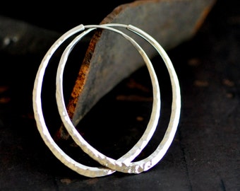 Lotus petal, sterling silver hoop earring, hammered oval hoop 2 inch long