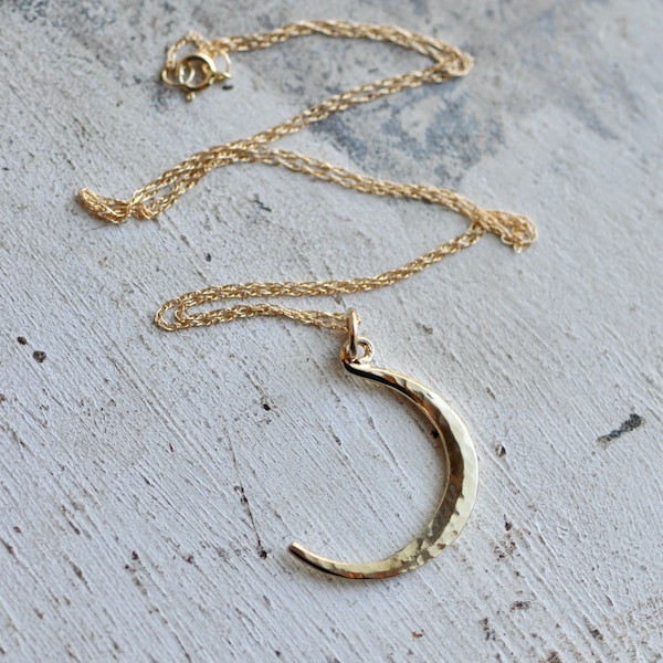 golden crescent moon, 14k gold moon necklace, hand wrought moon phase pendant with 14k gold chain, lunar pendant, eco friendly