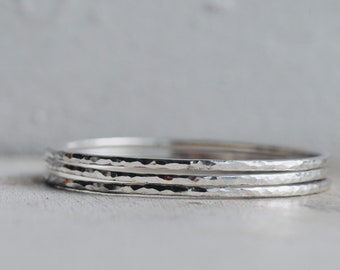 hammered sterling silver bangle bracelets: set of 3 available in mirror or dark patina