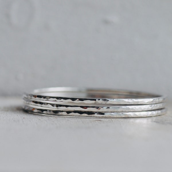 hammered sterling silver bangle bracelets: set of 3 available in mirror or dark patina