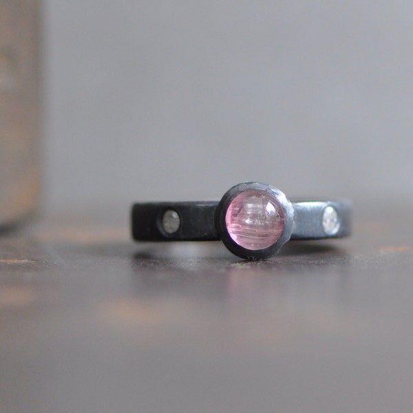 cat's eye pink tourmaline bezel set in sterling silver,  ring with flush set raw white diamonds, October birthstone, pink gemstone ring