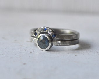 rose cut blue sapphire ring, sterling silver, with matching shadow band and 14k gold bezel