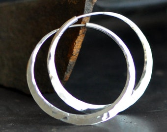 Round hoop earrings sterling silver,  hammered endless style loop, wide, thick, continuous hoops, eco friendly jewelry, hand wrought