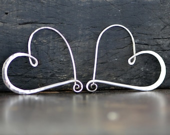 large silver heart hoop earrings,   hammered sterling silver heart earring endless style