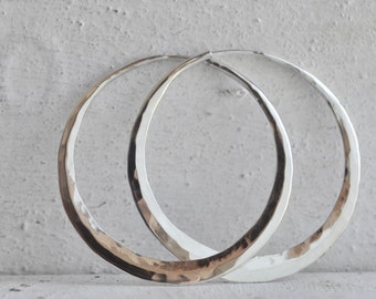 sterling silver hoop earrings, 2 inch, planishing hammer or your choice of texture, hand wrought,  crescent moon style