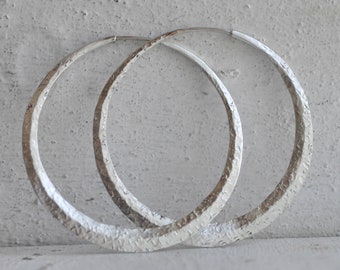 Silver Hoop earrings, 2 inches, hammer forged, crescent moon hoops handcrafted in California