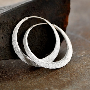 sterling silver hoop earrings with raw silk or texture of your choice, medium endless, eco friendly, self locking handcrafted hoops