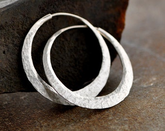 sterling silver hoop earrings with raw silk or texture of your choice, medium endless, eco friendly, self locking handcrafted hoops