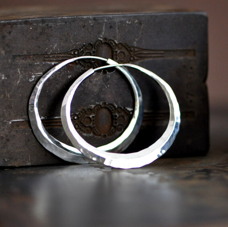 sterling silver oval hoop earring planishing smooth hand wrought earring wide hoop earring crescent moon loop eco friendly