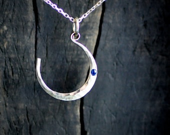 silvery moon pendant with flush set sapphire or stone of your choice, moon necklace, celestial pendant, sterling silver moon