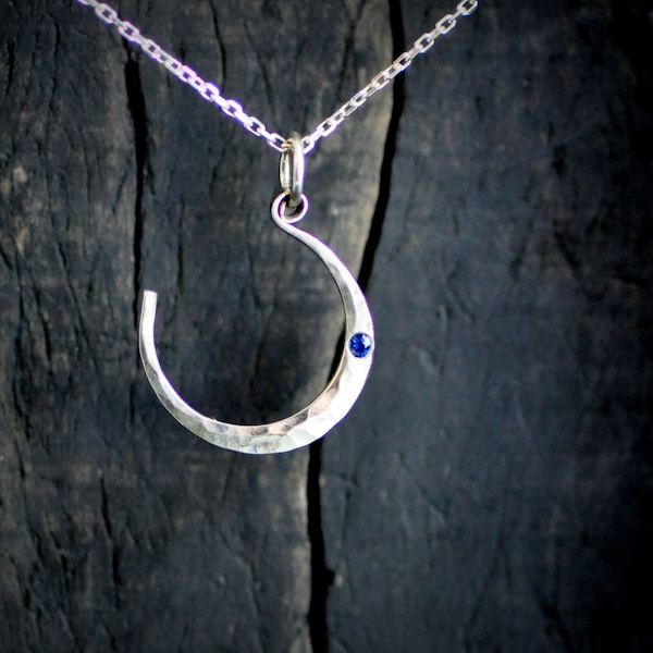 silvery moon pendant with flush set sapphire or stone of your choice, moon necklace, celestial pendant, sterling silver moon