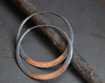 Hoop earrings, 14k Rose gold and sterling silver, mixed metal, 1.5" Rustic dark silver, hand forged self locking hoops