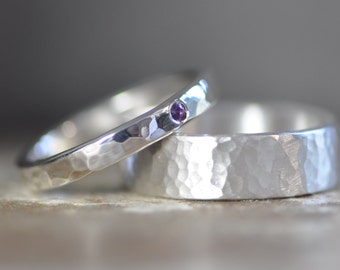 hammered sterling silver ring band set flush set sapphire, available in your choice of finish, with one simple and one flush set ring band