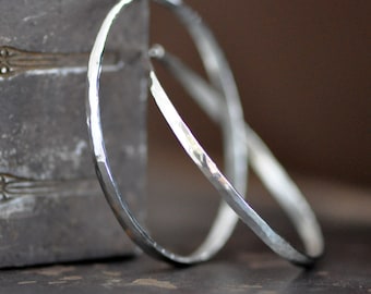 forward facing hoops, Round forged sterling silver hoop earrings, endless, self locking, eco friendly, medium and large sizes