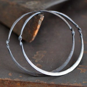 Hammered Sterling Silver Hoop Earrings: Twisted Dark Metal, 2.5 Inch