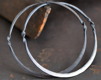 Large hoop earrings, 2 1/2 inch Dark sterling silver, twist, hammer forged endless loops, wide, thick, eco friendly