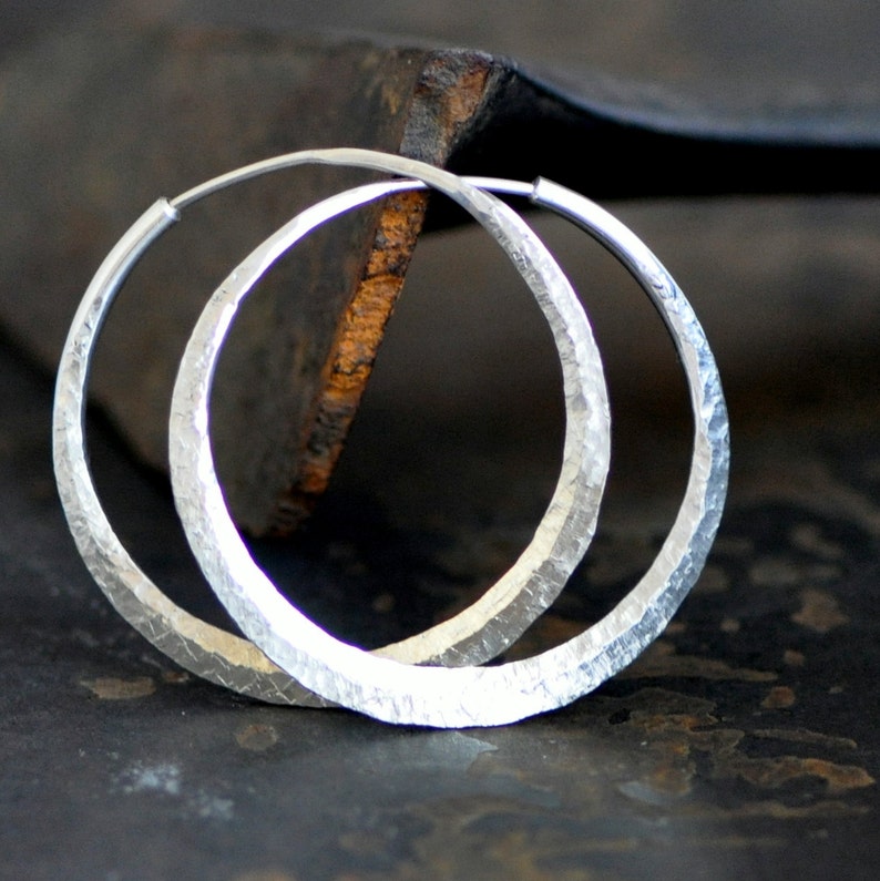 sterling silver hoop earring, endless style, handmade, round, hammered image 1