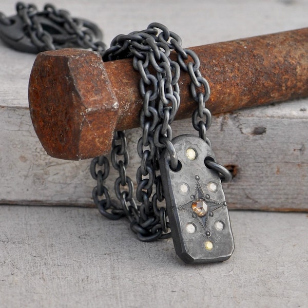 Diamond compass rose necklace, Hand forged sterling silver, Dark star pendant