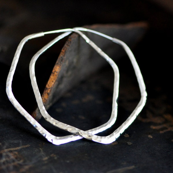 hexagon hoop earrings, sterling silver hoops, hammered geometric loops, Large endless hoops, self locking geometric hoops, eco friendly