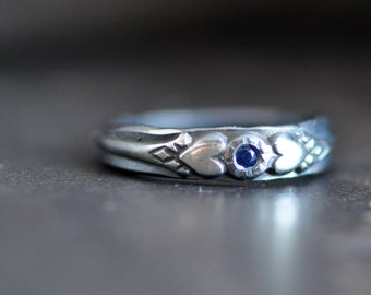 sterling silver blue sapphire ring with hearts and antique pattern, your choice of stone, ruby, sapphire, moissanite, diamond